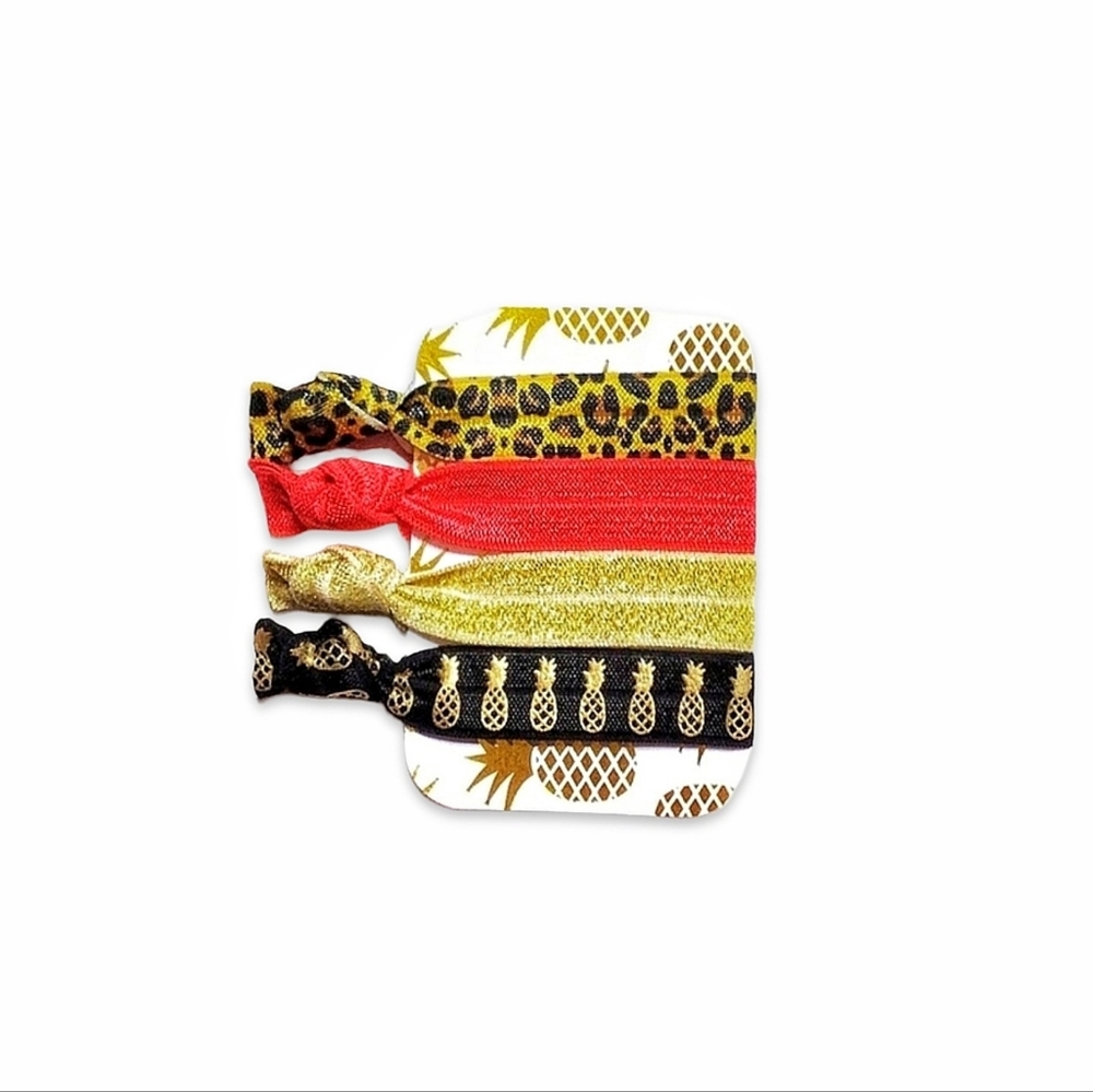 Red Gold Leopard 4-Pack Hair Ties No Crease FOE Elastic Ponytail Holders Set